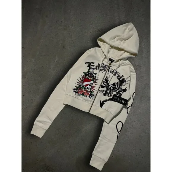 ED HARDY “DRAGON HEART” IVORY CROPPED ZIP UP HOODIE